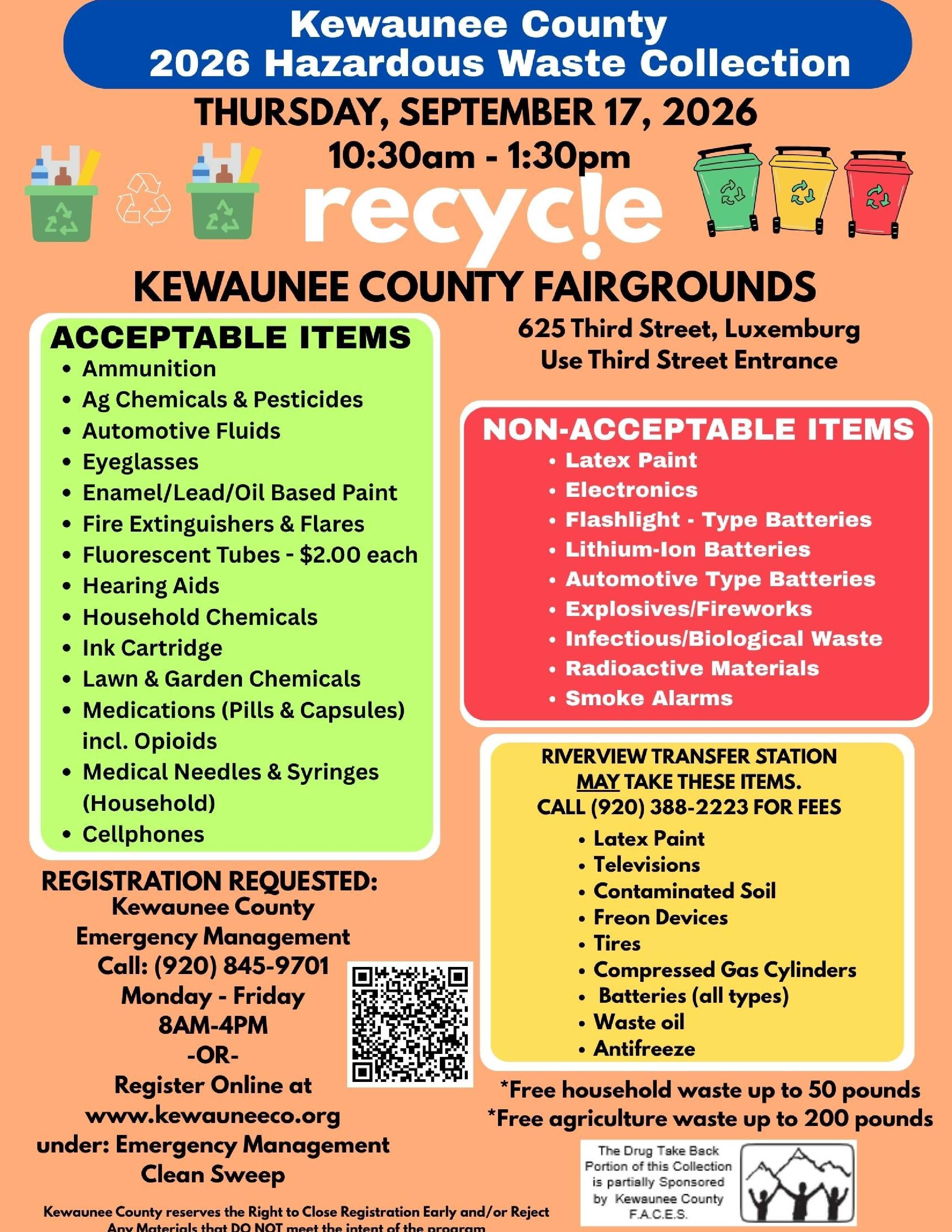Kewaunee County 2026 Hazardous Waste Collection, Thursday, September 17, 2026  10:30am- 1:30pm